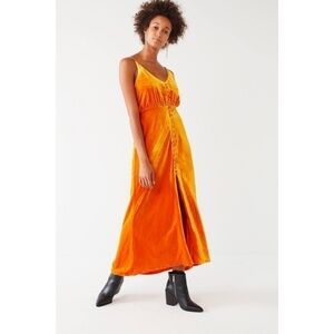 UO Lady Lava Button Down Orange Velvet Midi Dress